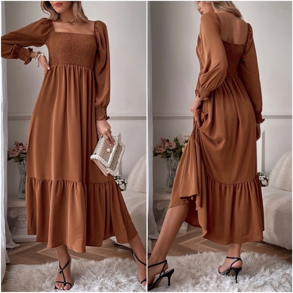 Boho Puff Sleeve Ruffle Maxi Dress Rust Brown - Picture 3 of 3
